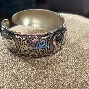 Antique Vintage Deco Sterling Silver Plated Chinese Hanzi Cuff Bracelet